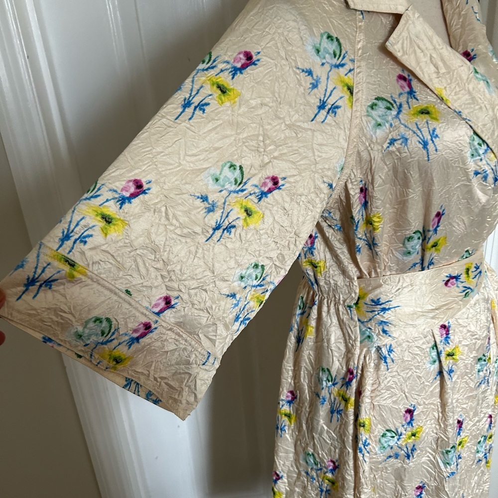 GANNI Floral Crinkled Satin Wrap Dress in Floral Rutabaga - Picture 8 of 16